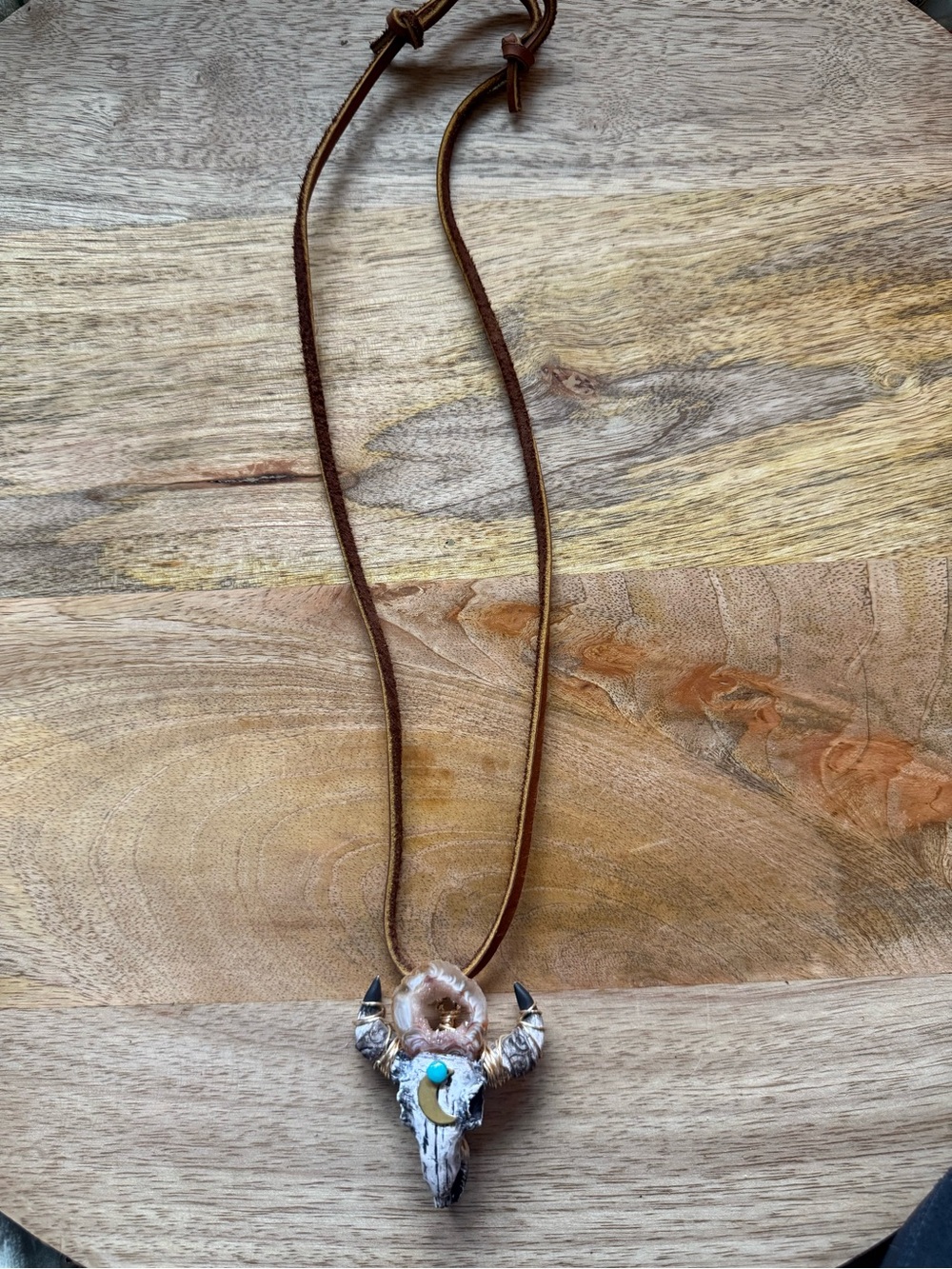 Boho Brown Leather Necklace with Turquoise Accent Bull Skull Pendant